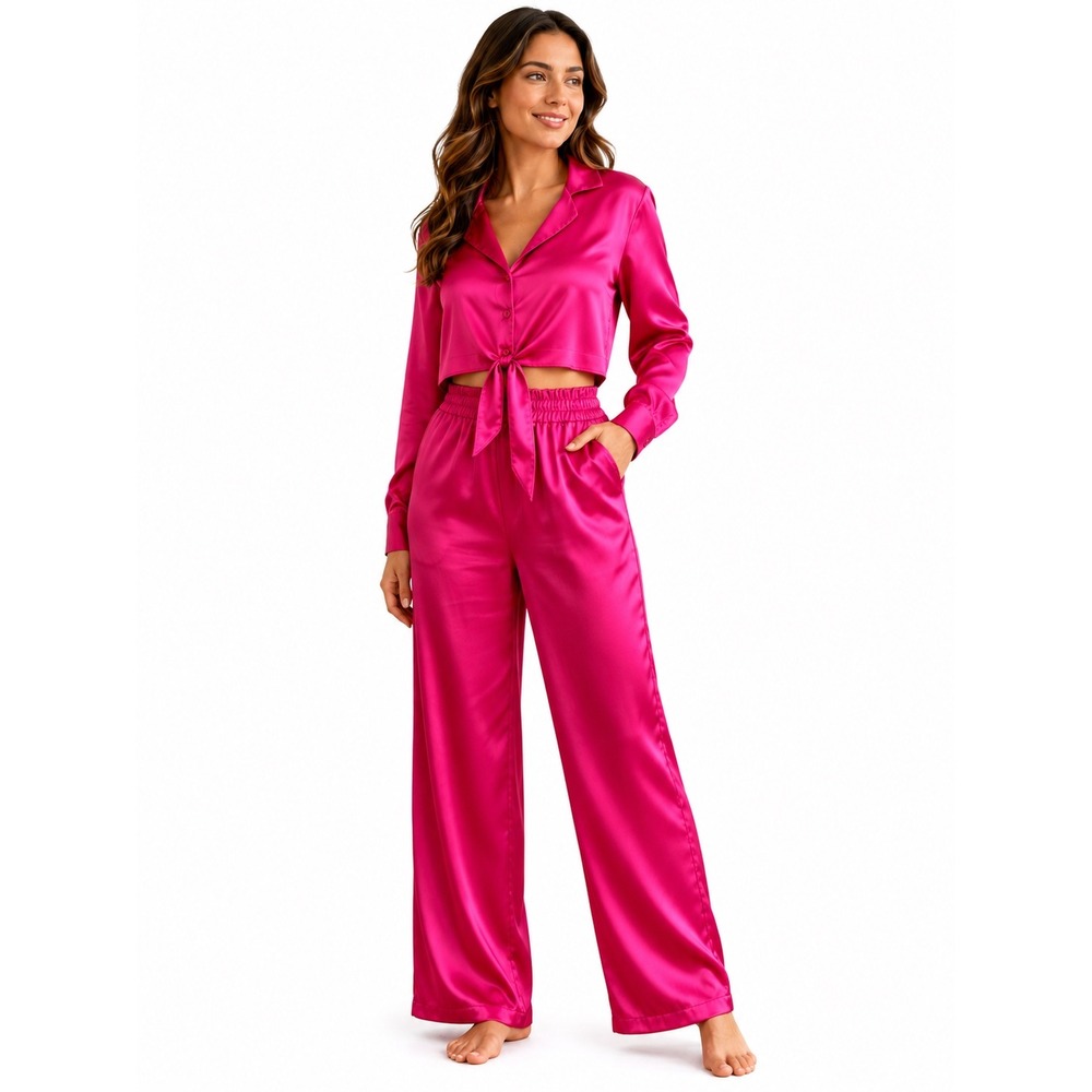 Sincerely‎ Jules Hot Pink Satin 2 Piece Set Cropped Tie Blouse Wide Leg Pants M